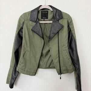 THERAPY by Lane Crawford Green Cotton Moto Jacket Faux Leather Trim‎ Zip Size S